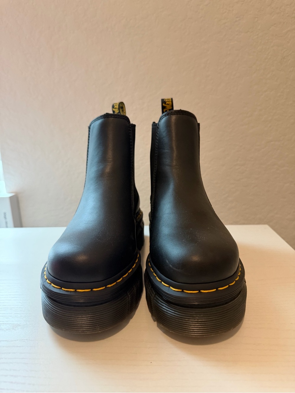 Dr. Martens Black Leather Platform Chelsea Boots with Yellow Stitching - Picture 4 of 4